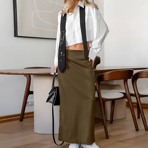 French - style Sophisticated Solid - color High - waisted Skirt With A Slit - Zambeel