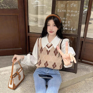 French - style Vintage White Polo - collar Long - sleeve Shirt - Zambeel