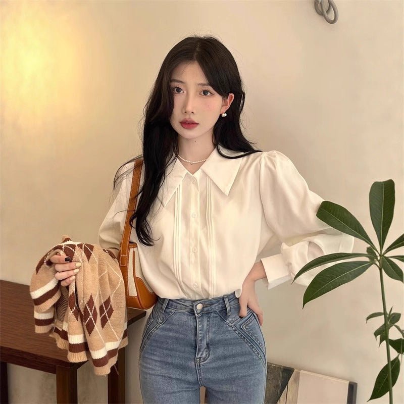 French - style Vintage White Polo - collar Long - sleeve Shirt - Zambeel