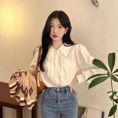 French - style Vintage White Polo - collar Long - sleeve Shirt - Zambeel
