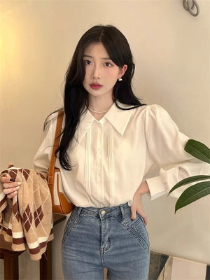 French - style Vintage White Polo - collar Long - sleeve Shirt - Zambeel