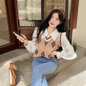 French - style Vintage White Polo - collar Long - sleeve Shirt - Zambeel