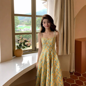 Fresh And Sweet Floral Splicing Travel Print Dress - Zambeel