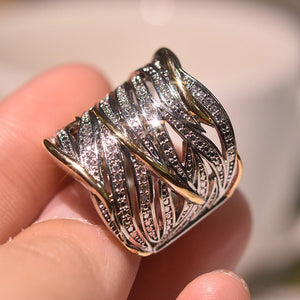Full Rhinestone Zircon Winding Multi - layer Gold Two - tone Ring - Zambeel