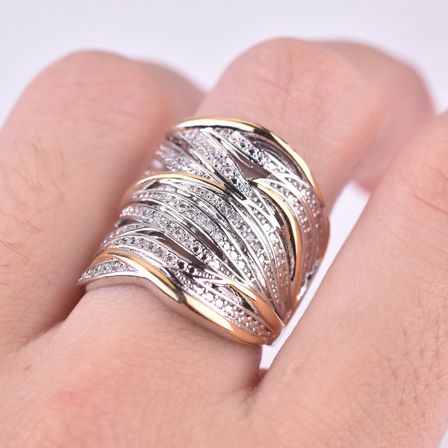 Full Rhinestone Zircon Winding Multi - layer Gold Two - tone Ring - Zambeel