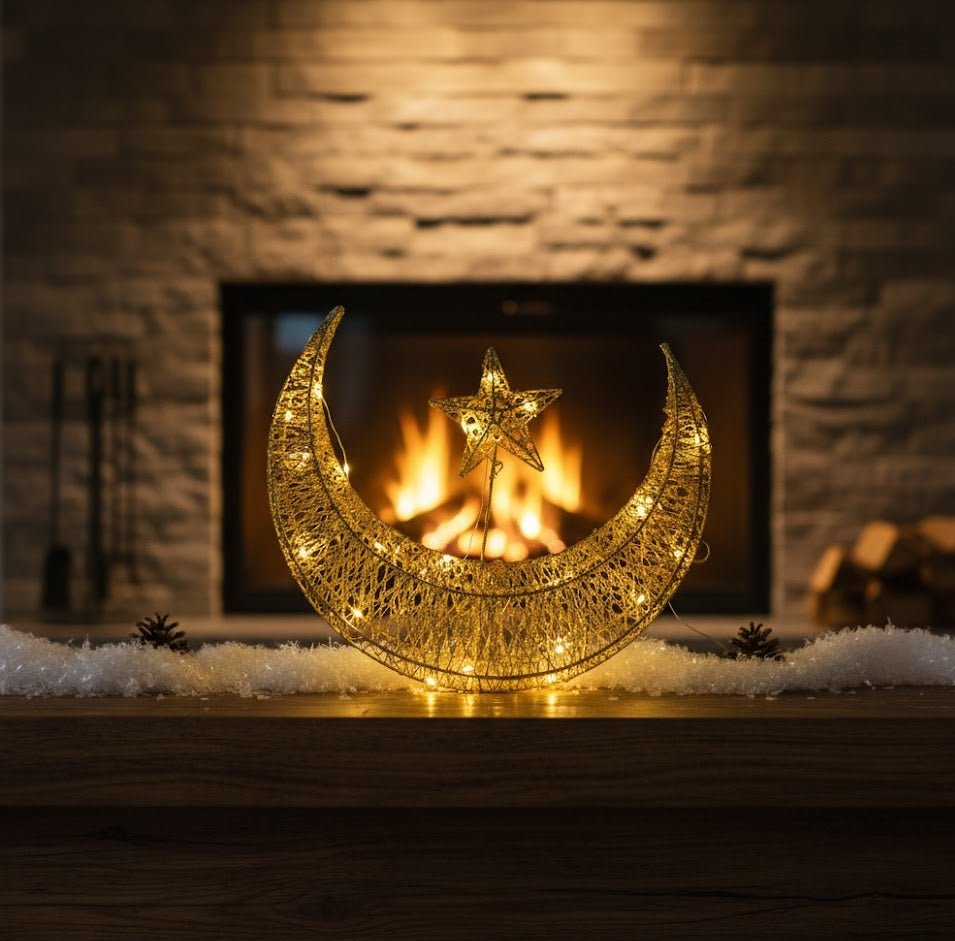 Gold Crescent Moon & Star Decorative Hanging Ornament - Zambeel