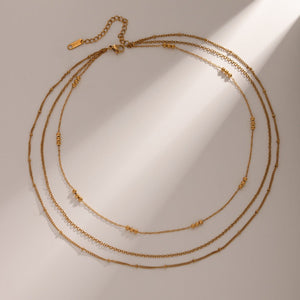 Gold Stainless Steel Three - layer Rice - bead Necklace Jewelry That Wont Fade - Zambeel
