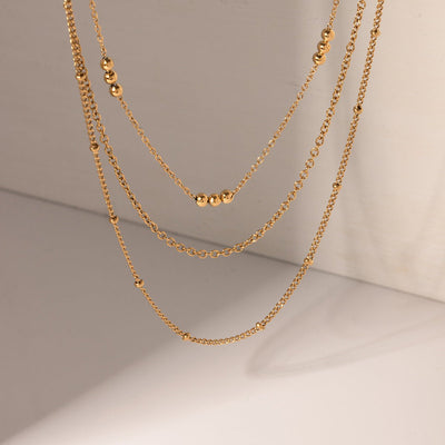 Gold Stainless Steel Three - layer Rice - bead Necklace Jewelry That Wont Fade - Zambeel