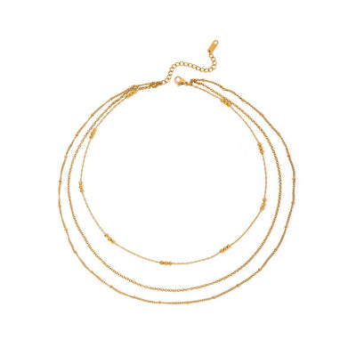 Gold Stainless Steel Three - layer Rice - bead Necklace Jewelry That Wont Fade - Zambeel
