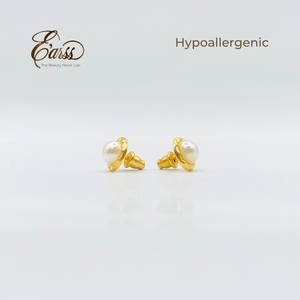 Hammered Bezel Pearl Gold Earring | Stainless Steel | 18K Gold Plated - Zambeel