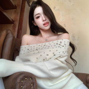 Heavily Embellished With Rhinestones Long - sleeved Pullover Sweater - Zambeel