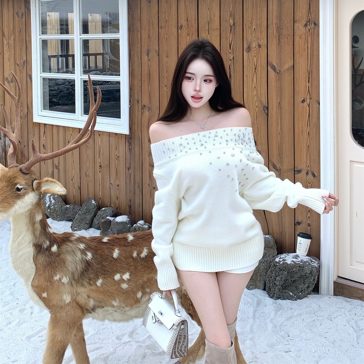 Heavily Embellished With Rhinestones Long - sleeved Pullover Sweater - Zambeel