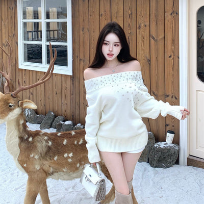 Heavily Embellished With Rhinestones Long - sleeved Pullover Sweater - Zambeel