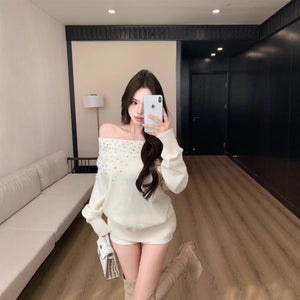 Heavily Embellished With Rhinestones Long - sleeved Pullover Sweater - Zambeel