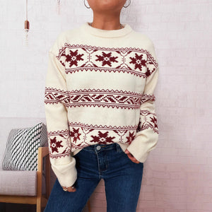 Holiday Christmas Sweater With Snowflake Jacquard Contrasting Colors And Crew Neck - Zambeel