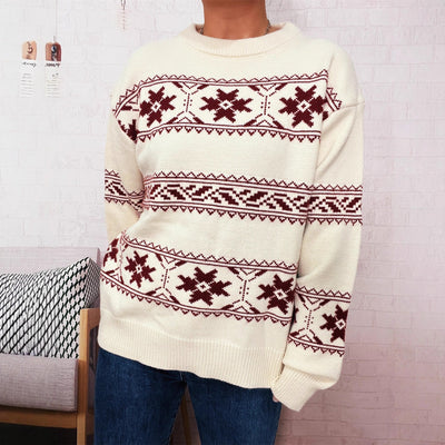 Holiday Christmas Sweater With Snowflake Jacquard Contrasting Colors And Crew Neck - Zambeel