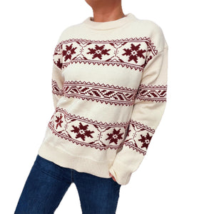 Holiday Christmas Sweater With Snowflake Jacquard Contrasting Colors And Crew Neck - Zambeel