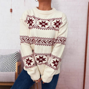 Holiday Christmas Sweater With Snowflake Jacquard Contrasting Colors And Crew Neck - Zambeel