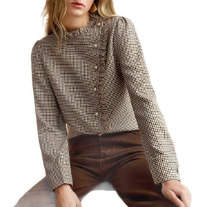 Houndstooth Ruffled Small Stand - up Collar Side - button - front Shirt - Zambeel