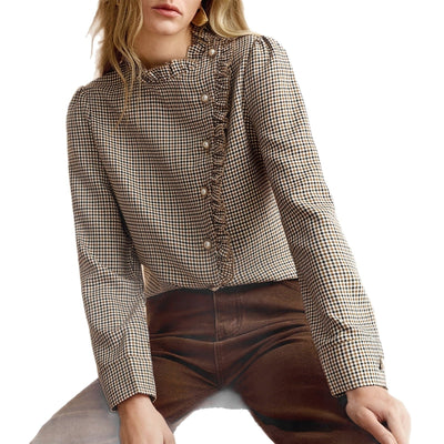 Houndstooth Ruffled Small Stand - up Collar Side - button - front Shirt - Zambeel