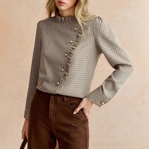 Houndstooth Ruffled Small Stand - up Collar Side - button - front Shirt - Zambeel