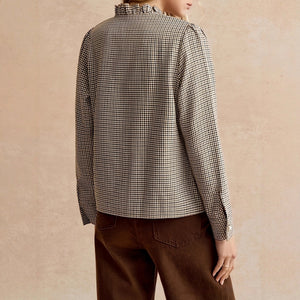 Houndstooth Ruffled Small Stand - up Collar Side - button - front Shirt - Zambeel