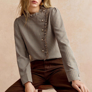 Houndstooth Ruffled Small Stand - up Collar Side - button - front Shirt - Zambeel