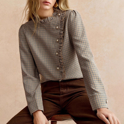 Houndstooth Ruffled Small Stand - up Collar Side - button - front Shirt - Zambeel