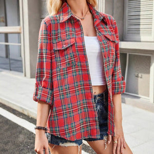 In - stock Womens Loose - fitting Long - sleeve Pocket Shirt - Zambeel