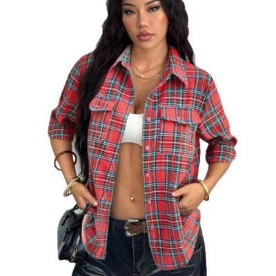 In - stock Womens Loose - fitting Long - sleeve Pocket Shirt - Zambeel