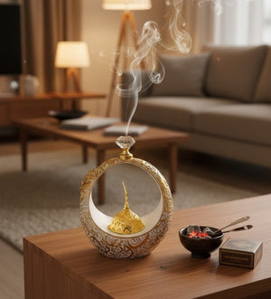Islamic Round Crescent Frame with Hanging Golden Dome Showpiece - Zambeel