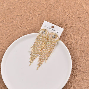 Korean - style Full - diamond Long Tassel Earrings With Round Diamonds - Zambeel