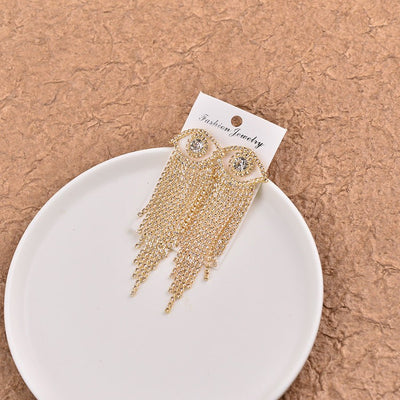 Korean - style Full - diamond Long Tassel Earrings With Round Diamonds - Zambeel