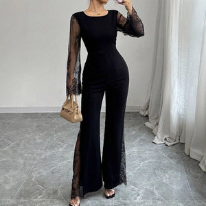 Lace - embellished Long - sleeve Crew - neck Bodycon Jumpsuit With A Cinched Waist And Hip - lifting Design - Zambeel