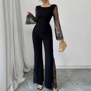 Lace - embellished Long - sleeve Crew - neck Bodycon Jumpsuit With A Cinched Waist And Hip - lifting Design - Zambeel