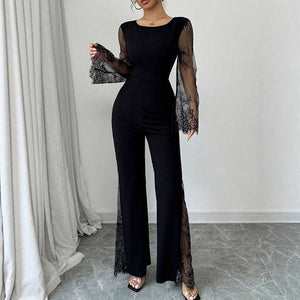 Lace - embellished Long - sleeve Crew - neck Bodycon Jumpsuit With A Cinched Waist And Hip - lifting Design - Zambeel