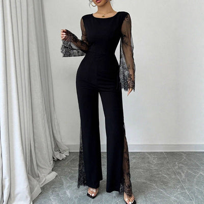 Lace - embellished Long - sleeve Crew - neck Bodycon Jumpsuit With A Cinched Waist And Hip - lifting Design - Zambeel