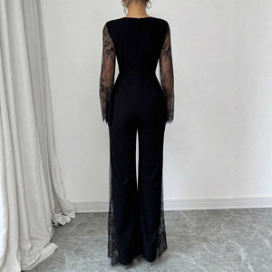Lace - embellished Long - sleeve Crew - neck Bodycon Jumpsuit With A Cinched Waist And Hip - lifting Design - Zambeel