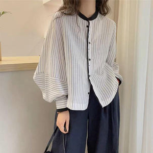 Lanternsleeve Verticalstriped Casual Blouse Women's Stylish Top - Zambeel