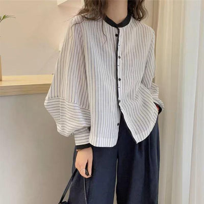Lanternsleeve Verticalstriped Casual Blouse Women's Stylish Top - Zambeel