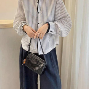 Lanternsleeve Verticalstriped Casual Blouse Women's Stylish Top - Zambeel
