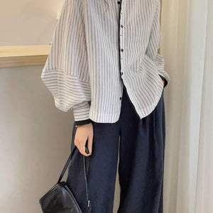 Lanternsleeve Verticalstriped Casual Blouse Women's Stylish Top - Zambeel
