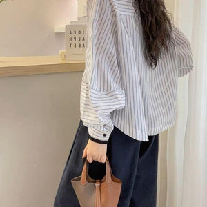 Lanternsleeve Verticalstriped Casual Blouse Women's Stylish Top - Zambeel