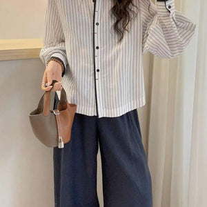 Lanternsleeve Verticalstriped Casual Blouse Women's Stylish Top - Zambeel