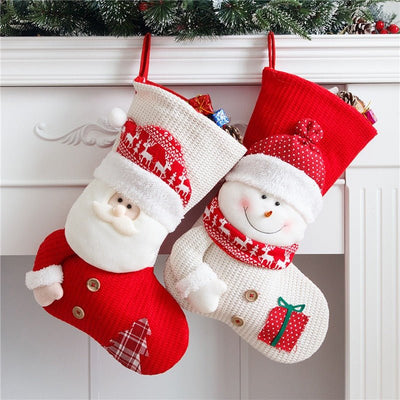Large Red White Knitted Christmas Stocking Santa Claus Fireplace Decor Socks Xmas Gift Bags Candy Holder Decor For Home - Zambeel