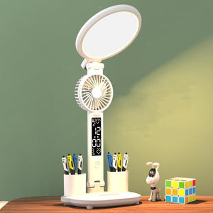 LED Clock Table Lamp USB Chargeable Dimmable Desk Lamp Plug - in LED Fan Light Foldable Eye Protection Reading Night Light - Zambeel