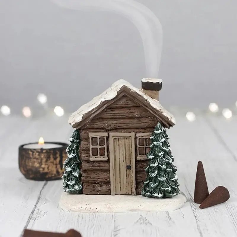 Log Cabin Incense Burner Rustic Christmas Chimney Hut Incense Cone Burner Collectible Resin Statue Table - Zambeel