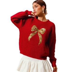 Loose - fitting Sweater With Beaded Embroidery And A Bow - Zambeel