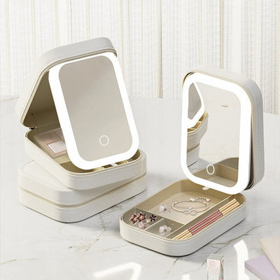 Makeup Storage Box With LED Light Mirror Portable Travel Makeup Cosmetics Storage Box Touch Light Storage Organizer - Zambeel