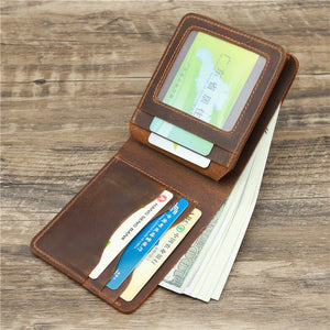 Men Crazy Horse Leather Money Card Bag Leather Wallet - Zambeel